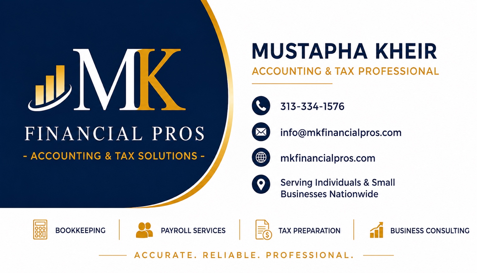 MK Financial Pros brand card showing contact information and services